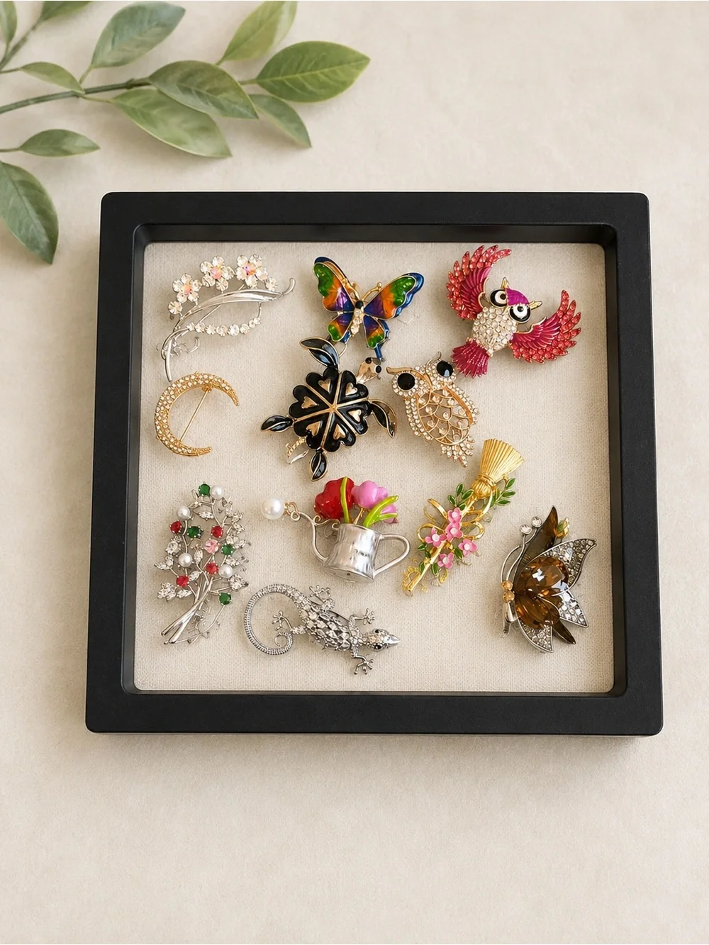 19 Assorted Vintage-Style Enamel & Rhinestone Brooch Pin Lot -w/ jewelry frames